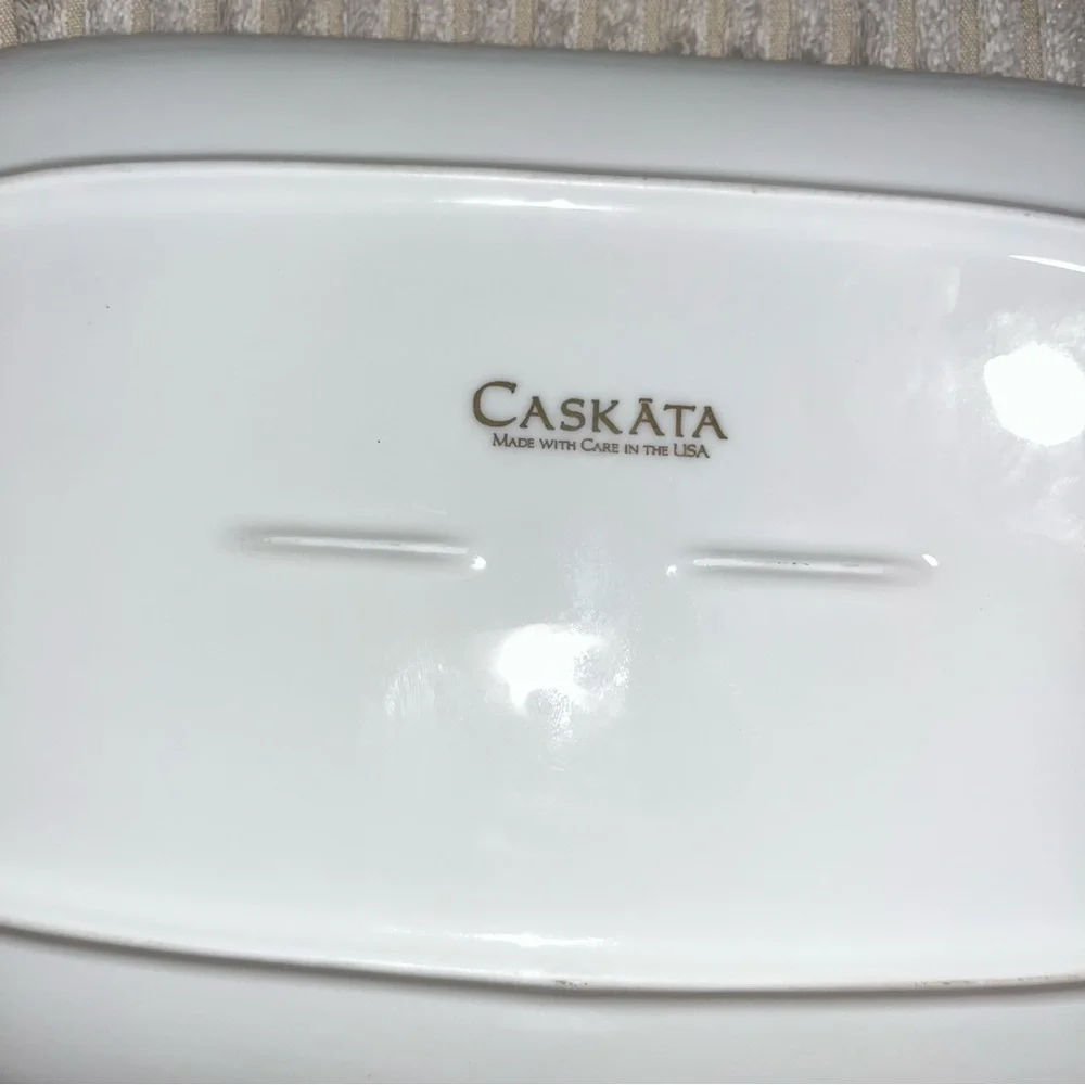 Caskata dogwood China platter 12” oval made in usa white black 23k gold paint